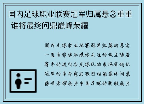 国内足球职业联赛冠军归属悬念重重 谁将最终问鼎巅峰荣耀