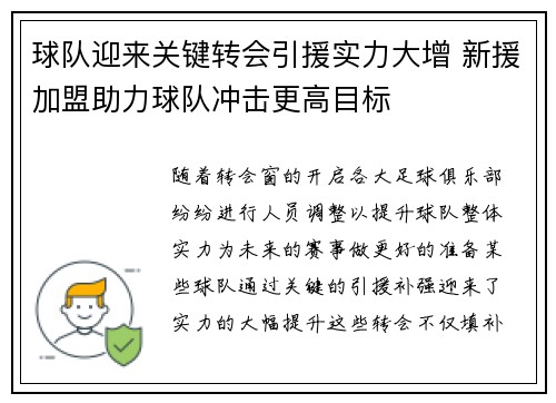 球队迎来关键转会引援实力大增 新援加盟助力球队冲击更高目标