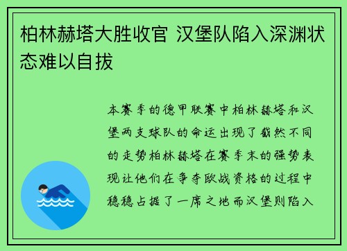 柏林赫塔大胜收官 汉堡队陷入深渊状态难以自拔