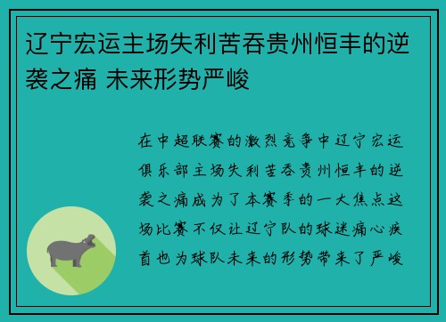 辽宁宏运主场失利苦吞贵州恒丰的逆袭之痛 未来形势严峻